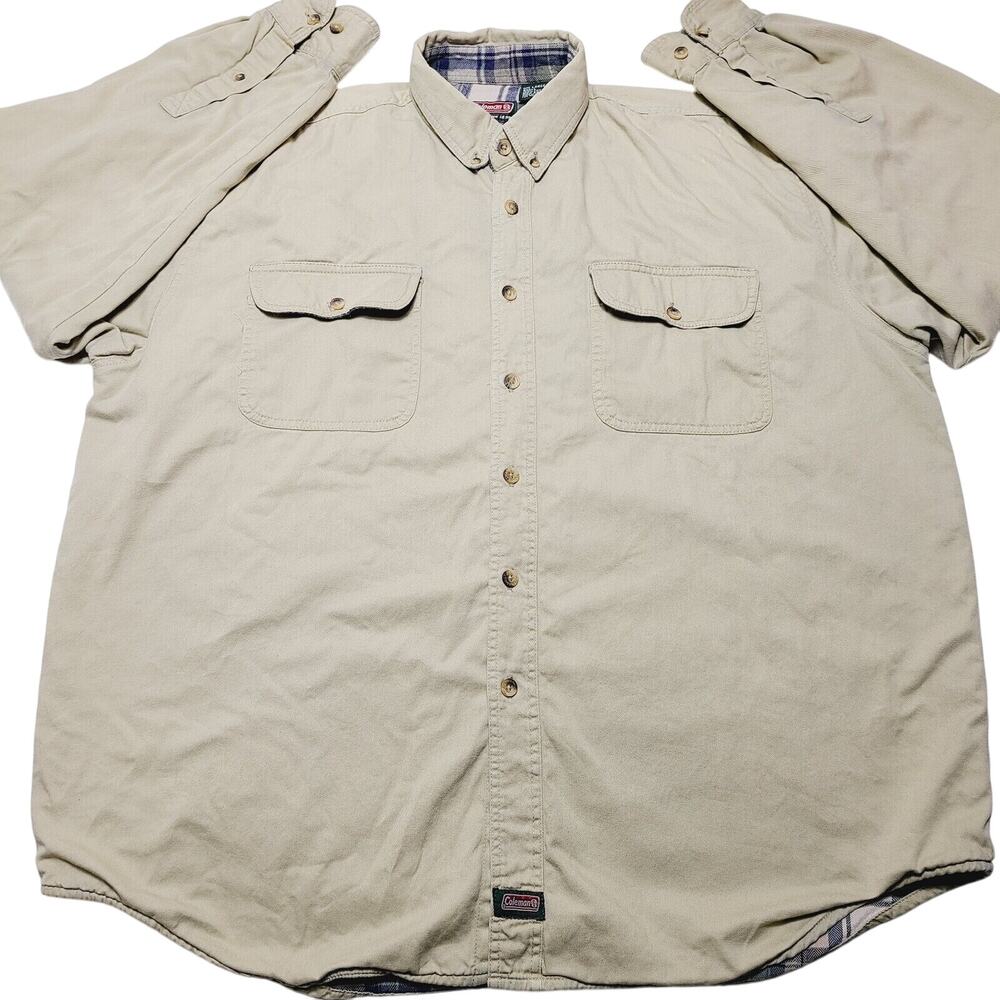 Vintage Coleman Outdoors Shirt Flannel Lined Shacket Biege Green Large Cotton